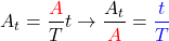 \begin{equation*}  A_t = \frac{\color{red}A}{T} t \rightarrow \frac{A_t}{\color{red}A} = {\color{blue}\frac{t}{T}} \end{equation*}