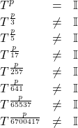 \begin{equation*} \label{p64} \begin{array}{lcl} T^p &=& \mathbb{I} \\ T^\frac{p}{3} &\neq& \mathbb{I} \\ T^\frac{p}{5} &\neq& \mathbb{I} \\ T^\frac{p}{17} &\neq& \mathbb{I} \\ T^\frac{p}{257} &\neq& \mathbb{I} \\ T^\frac{p}{641} &\neq& \mathbb{I} \\ T^\frac{p}{65537} &\neq& \mathbb{I} \\ T^\frac{p}{6700417} &\neq& \mathbb{I} \end{array} \end{equation}