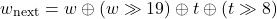 \begin{equation*}  w_{\text{next}}= w \oplus  (w \gg 19) \oplus t \oplus  (t \gg 8) \end{equation*}