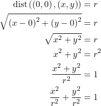 \begin{equation*}  \begin{align*} \mathrm{dist}\left(\left(0,0\right),  \left(x,y\right)\right) &= r \\ \sqrt{\left(x-0\right)^2+\left(y-0\right)^2} &= r \\ \sqrt{x^2+y^2} &= r \\ x^2+y^2 &= r^2 \\ \frac{x^2+y^2}{r^2} &= 1 \\ \frac{x^2}{r^2}+\frac{y^2}{r^2} &= 1 \end{align*} \end{equation*}
