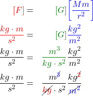 \begin{equation*}  \definecolor{darkgreen}{rgb}{0,0.5,0} \begin{align*} {\color{red}\left[F\right]} &=& {\color{darkgreen}\left[G\right]} & {\color{blue}\left[\frac{M m}{r^2}\right]} \\ {\color{red}\frac{kg\cdot m}{s^2}} &=& {\color{darkgreen}\left[G\right]} & {\color{blue}\frac{kg^2}{m^2}} \\ \frac{kg\cdot m}{s^2} &=& {\color{darkgreen} \frac{m^3}{kg \cdot s^2}} & \frac{kg^2}{m^2} \\ \frac{kg\cdot m}{s^2} &=& \frac{m^\cancel{\color{blue}3}}{\cancel{\color{red}kg} \cdot s^2} & \frac{kg^\cancel{\color{red}2}}{\cancel{\color{blue}m^2}} \\ \end{align*} \end{equation*}