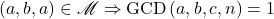  \begin{equation*}  \left(a,b,a\right) \in \mathscr{M} \Rightarrow \text{GCD}\left(a,b,c,n\right)=1 \end{equation*} 
