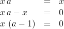 \begin{equation*} \label{xa_grouping} \begin{array}{lcc} x \, a \phantom{-x} &=& x \\ x \, a -x &=& 0 \\ x \, \left(a-1\right) &=& 0 \\ \end{array} \end{equation}